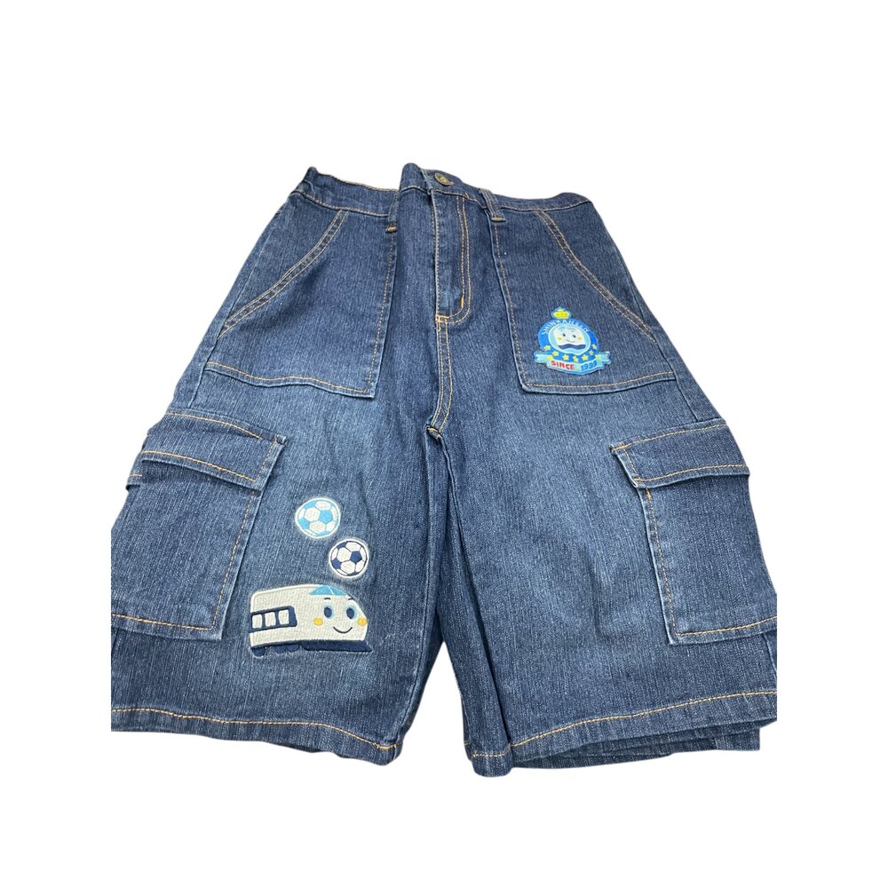 Z01-2-三麗鷗 正版足球牛仔五分褲 藍150CM 童褲 男童 短褲 牛仔褲 雷標現貨