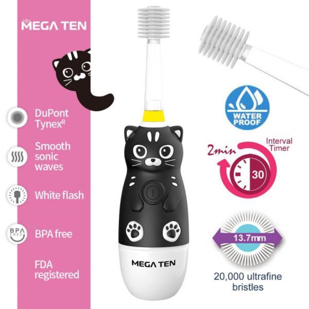 日本VIVATEC Mega Ten 360度 幼童電動牙刷一支 鯊魚/黑貓/小象/獅子王-圖片-2