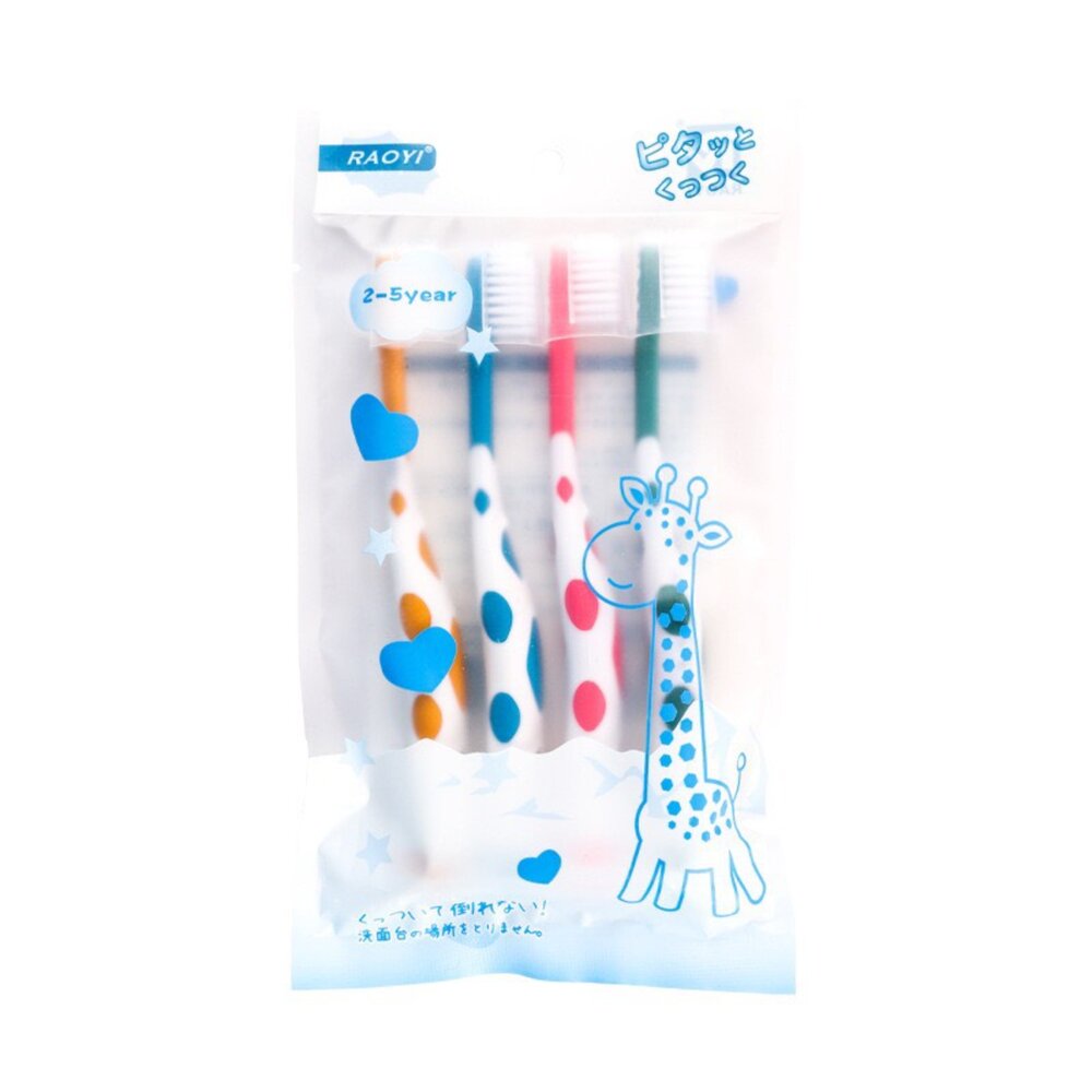 RAOYI 長頸鹿造型 兒童軟毛牙刷4支入/袋裝(背面舌苔刷)-圖片-1