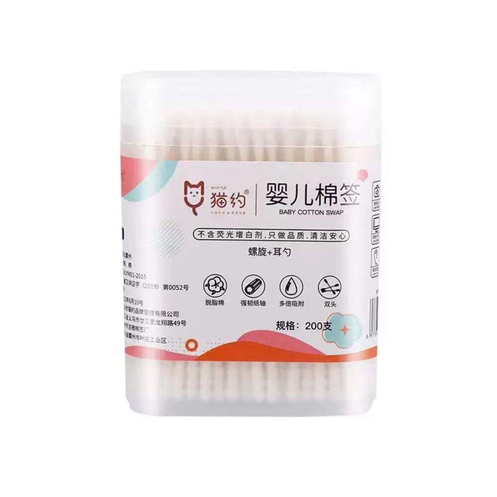 6973985670862-嬰幼兒用 細軸 紙軸雙頭棉棒(螺旋頭+耳勺頭) 200支盒裝 棉花棒