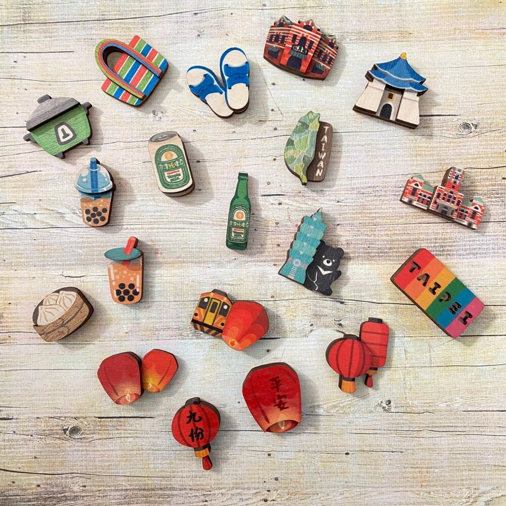 28021212835-迷你木冰箱貼 台灣景點 懷舊小物 珍珠奶茶 天燈 小物磁鐵 插畫迷你磁鐵 台灣紀念品 新格子 TR台灣鐵道