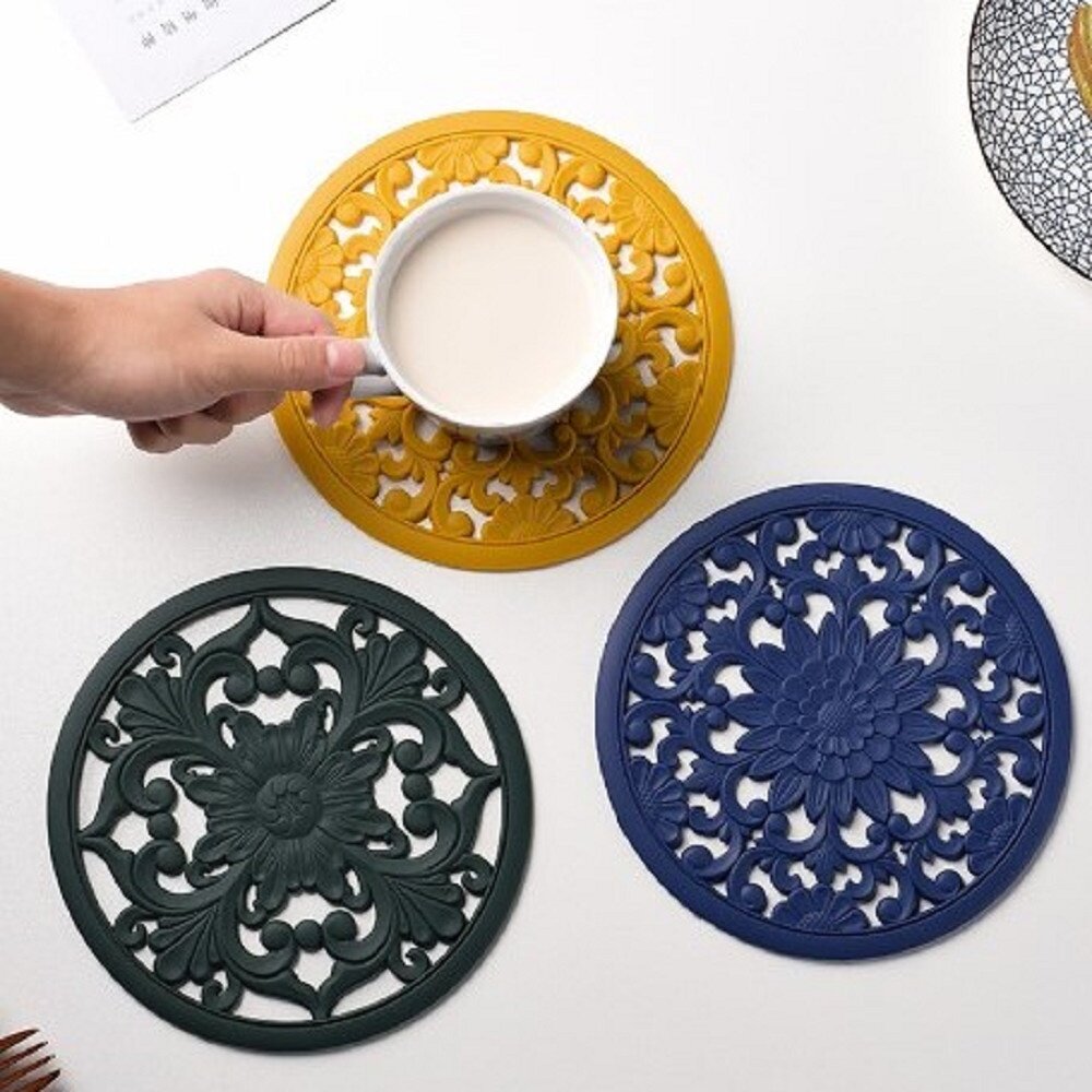 鏤空花卉造型隔熱墊 精美鏤空隔熱墊 古典花卉隔熱墊 矽膠隔熱墊 耐高溫防燙碗墊 送禮-圖片-1