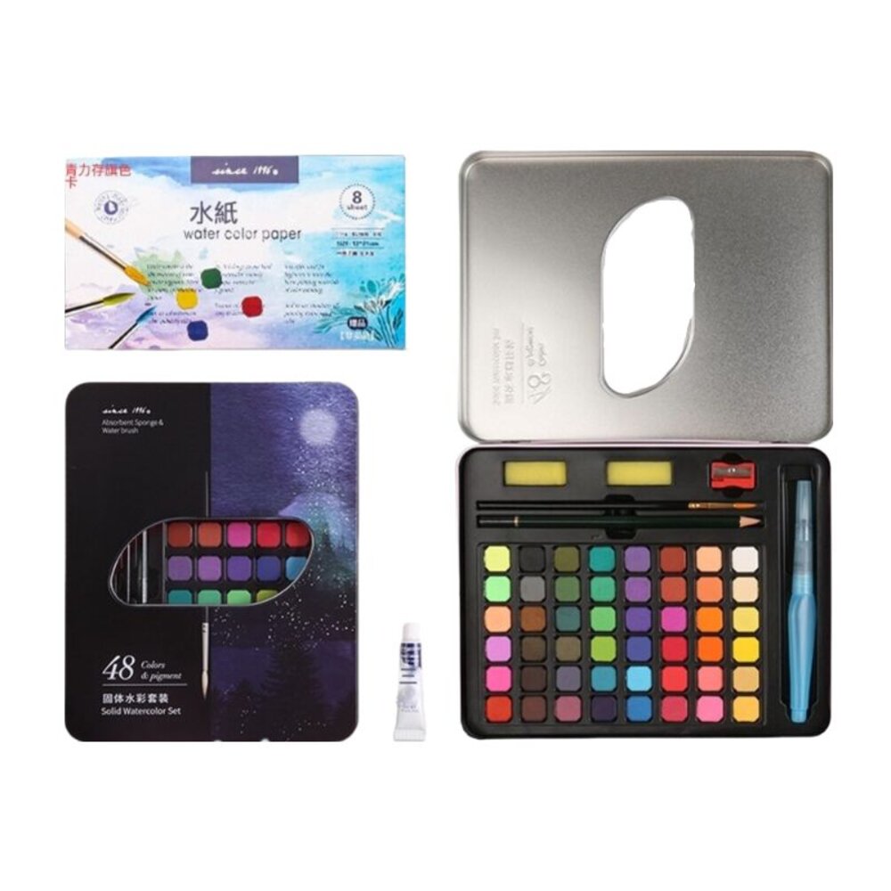固體水彩顏料 水彩粉餅組 36色 48色 水彩鐵盒組 水彩初學者 水彩工具 送禮-圖片-1