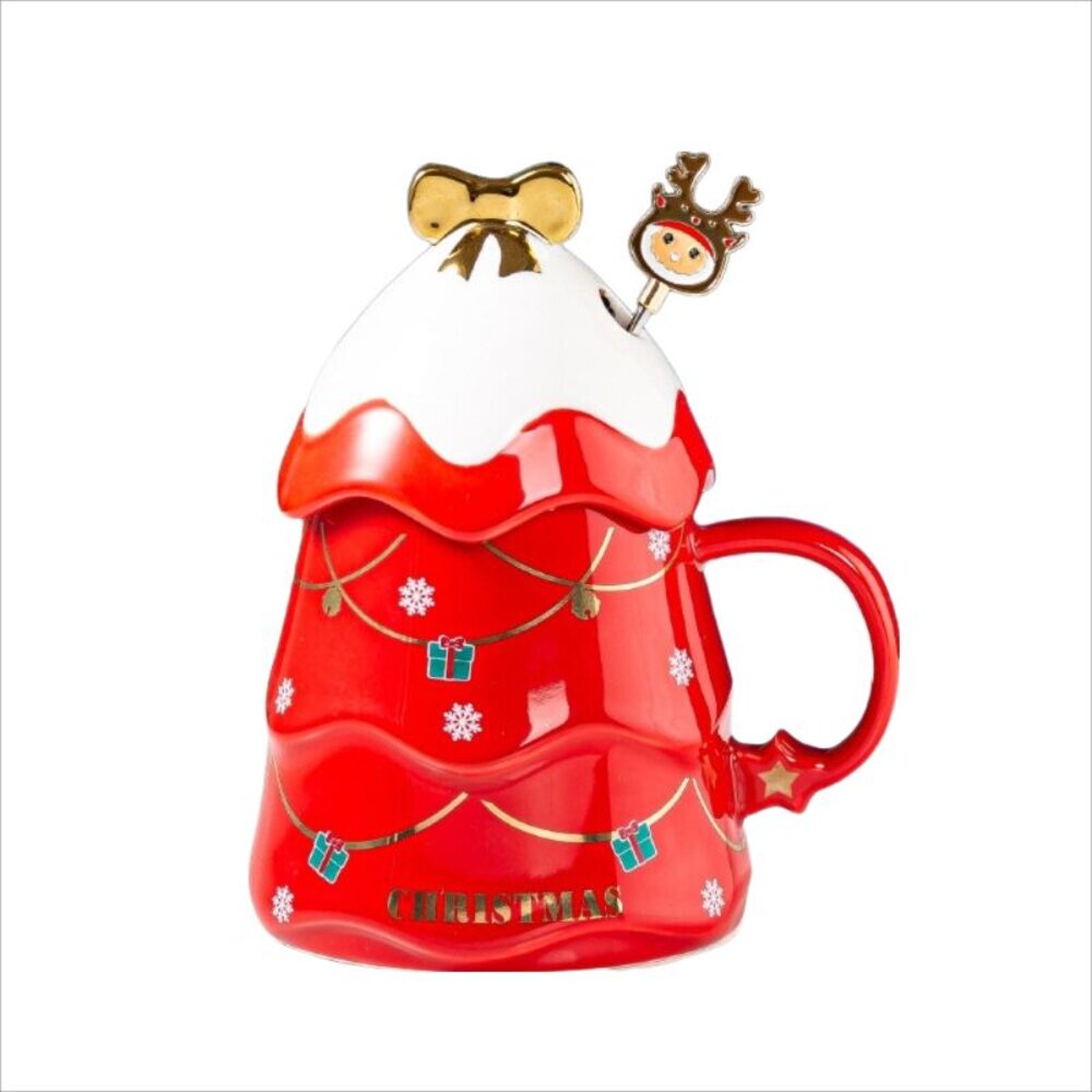 聖誕樹陶瓷杯 交換禮物 聖誕樹馬克杯 附蓋子攪拌棒 聖誕咖啡杯 彩盒包裝 送禮-圖片-1
