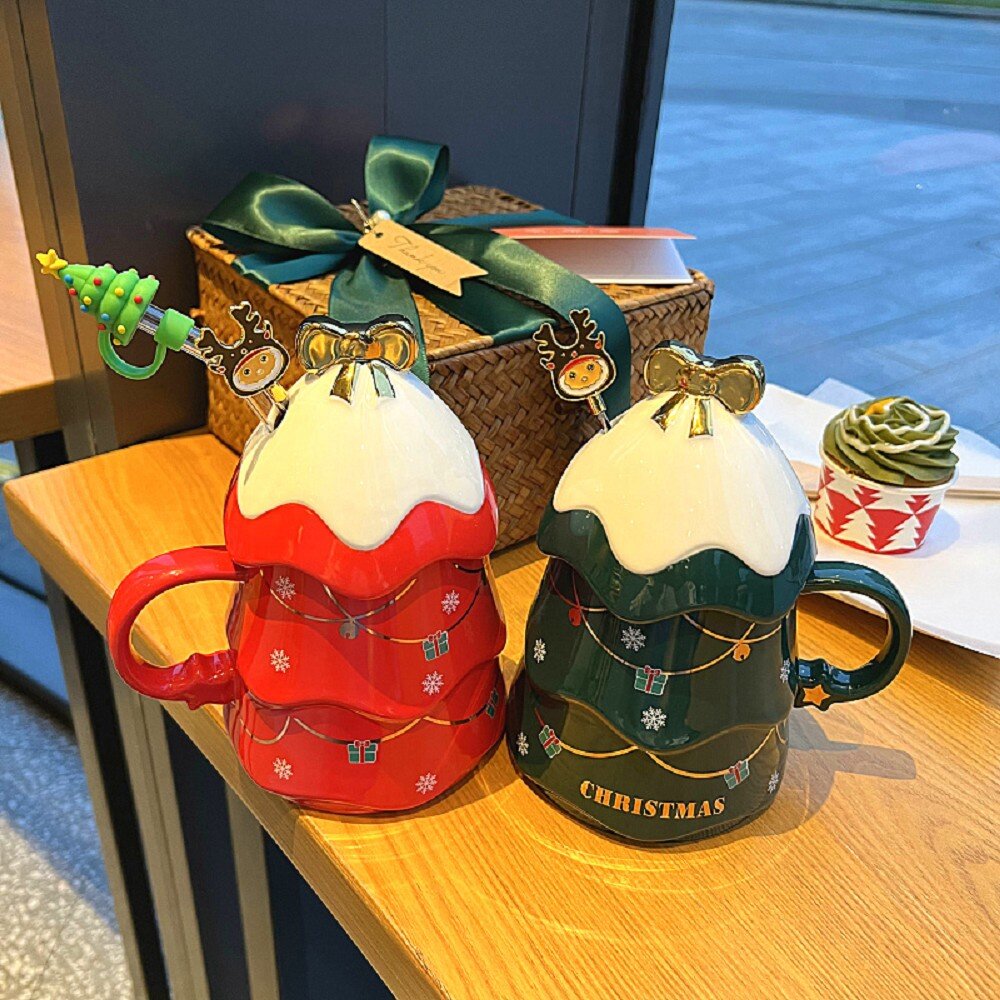聖誕樹陶瓷杯 交換禮物 聖誕樹馬克杯 附蓋子攪拌棒 聖誕咖啡杯 彩盒包裝 送禮-圖片-2