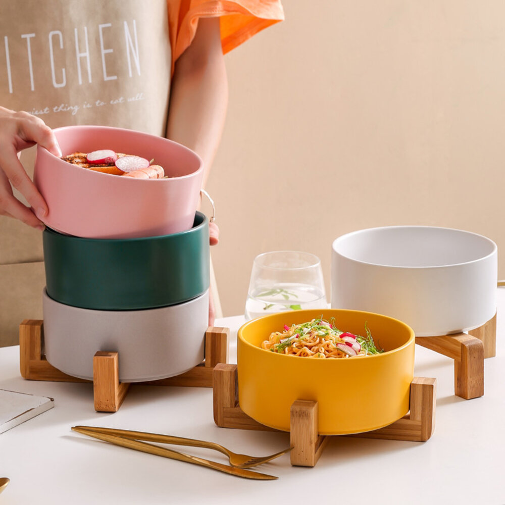 北歐風多用途木架陶瓷 花盆木架 木架沙發碗 木架寵物碗 陶瓷花盆 水培花盆 微波烤箱碗 送禮-圖片-4