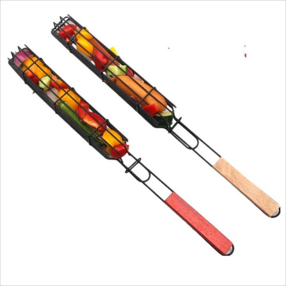 烤肉專用香腸籃 燒烤網 燒烤籠 烤肉夾網 木柄BBQ烤網燒烤架 送禮-圖片-1