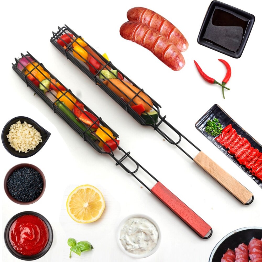 烤肉專用香腸籃 燒烤網 燒烤籠 烤肉夾網 木柄BBQ烤網燒烤架 送禮-圖片-4