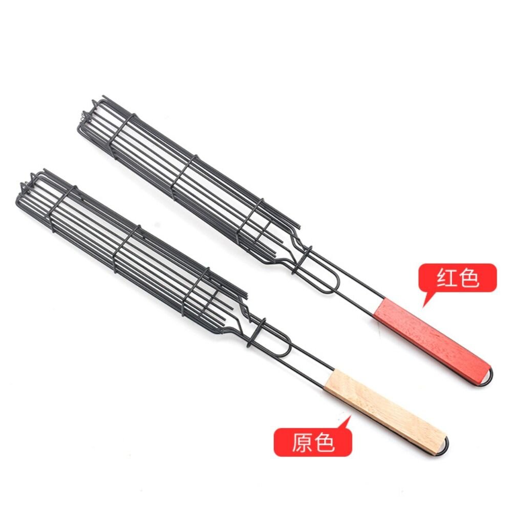 烤肉專用香腸籃 燒烤網 燒烤籠 烤肉夾網 木柄BBQ烤網燒烤架 送禮-圖片-6