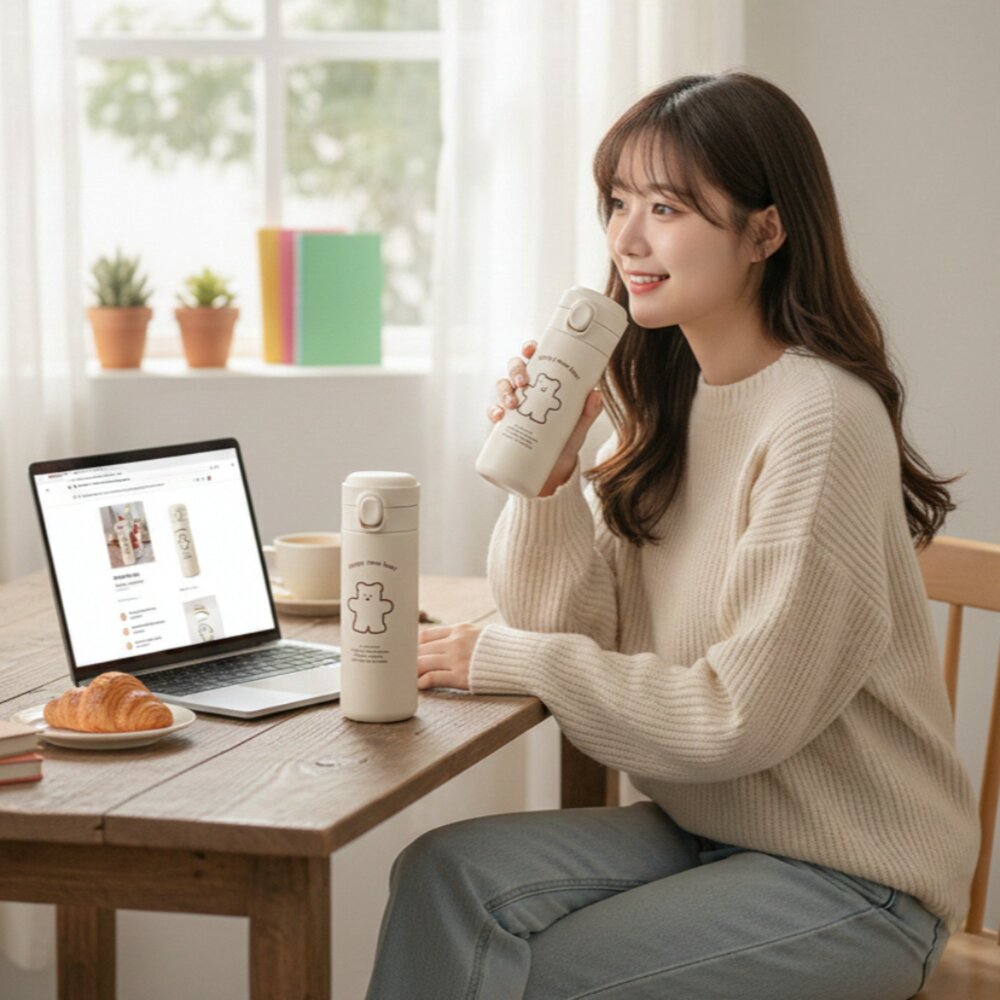 韓風小熊造型保溫瓶 可愛圖案保溫瓶 水瓶 保溫瓶 簡約小熊保溫杯 禮物 送禮-圖片-1