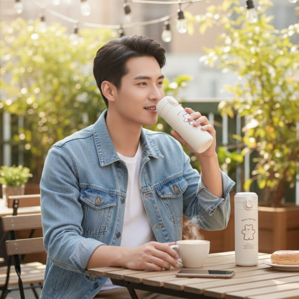 韓風小熊造型保溫瓶 可愛圖案保溫瓶 水瓶 保溫瓶 簡約小熊保溫杯 禮物 送禮-圖片-8