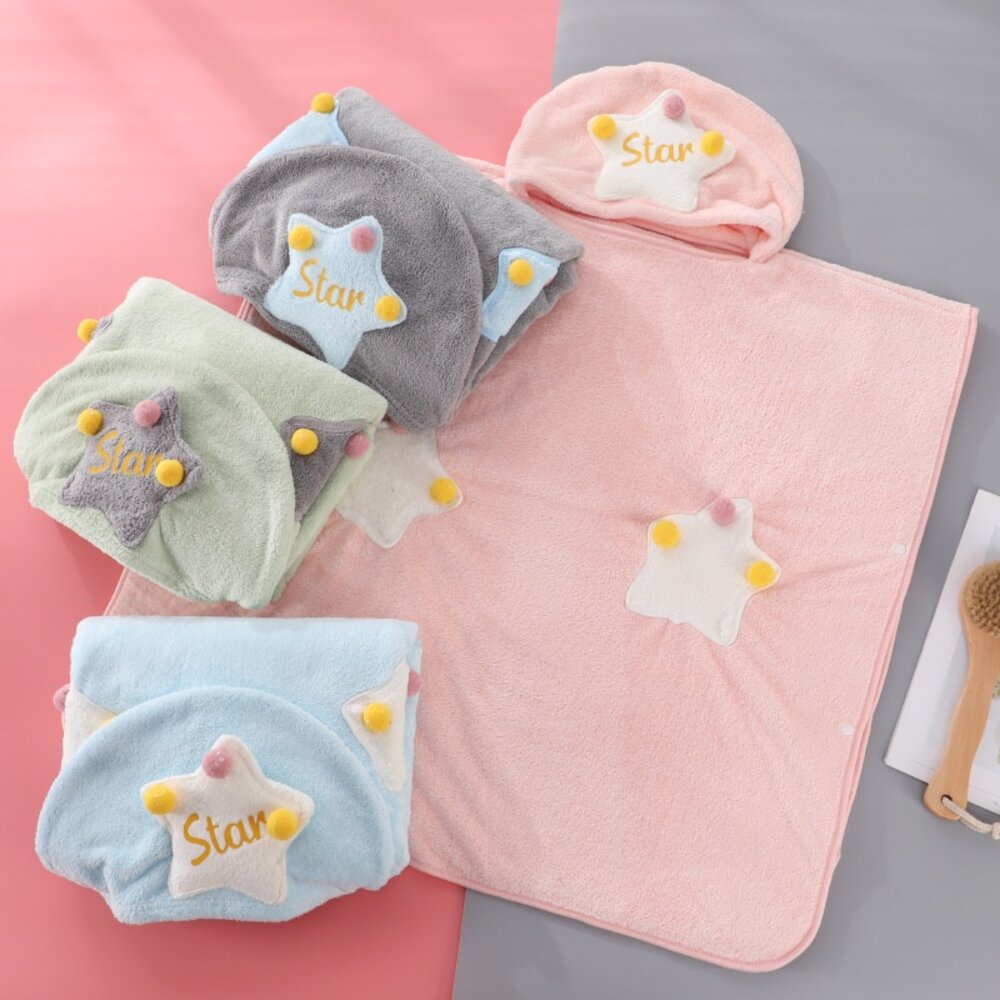 星星兒童斗篷浴巾 珊瑚絨浴巾 披風浴巾 卡通浴巾 寶寶毛巾 游泳浴巾 洗澡浴巾 送禮-圖片-6