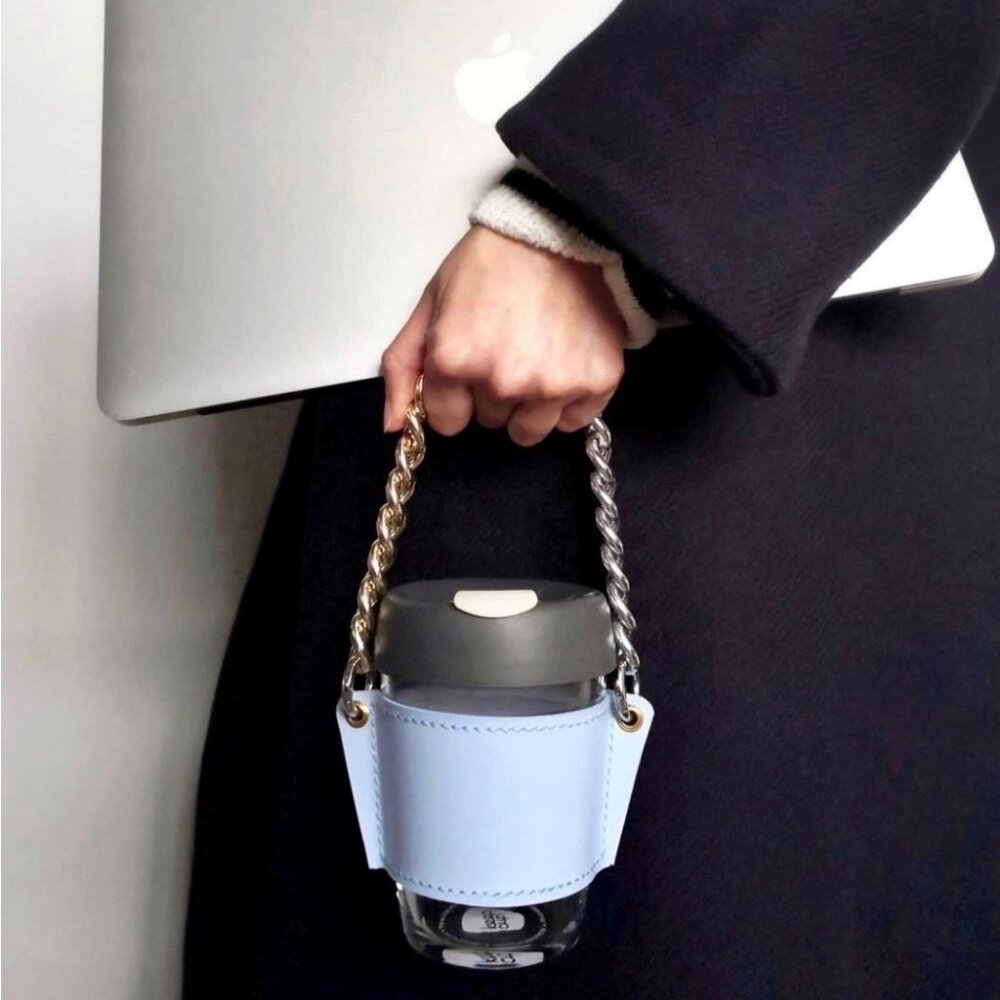 皮革環保杯套 飲料手提袋 手搖飲杯套 咖啡杯套 飲料杯套 環保提袋 時尚 鏈條包 送禮-圖片-3