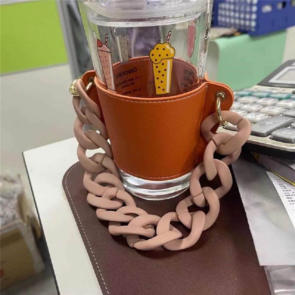 皮革環保杯套 飲料手提袋 手搖飲杯套 咖啡杯套 飲料杯套 環保提袋 時尚 鏈條包 送禮-圖片-9