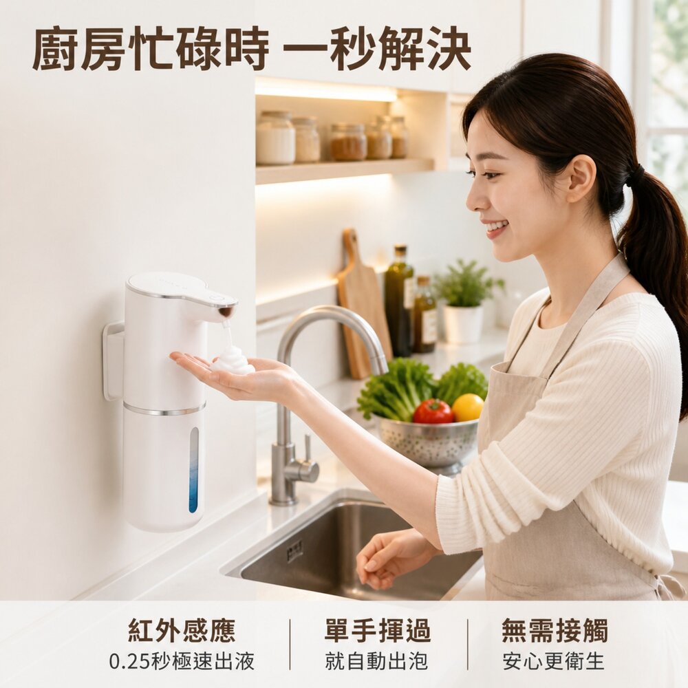 自動感應泡沫洗手機 USB充電 350mL 免接觸消毒皂液器 廚房廁所洗手間 多檔調節 送禮-圖片-1