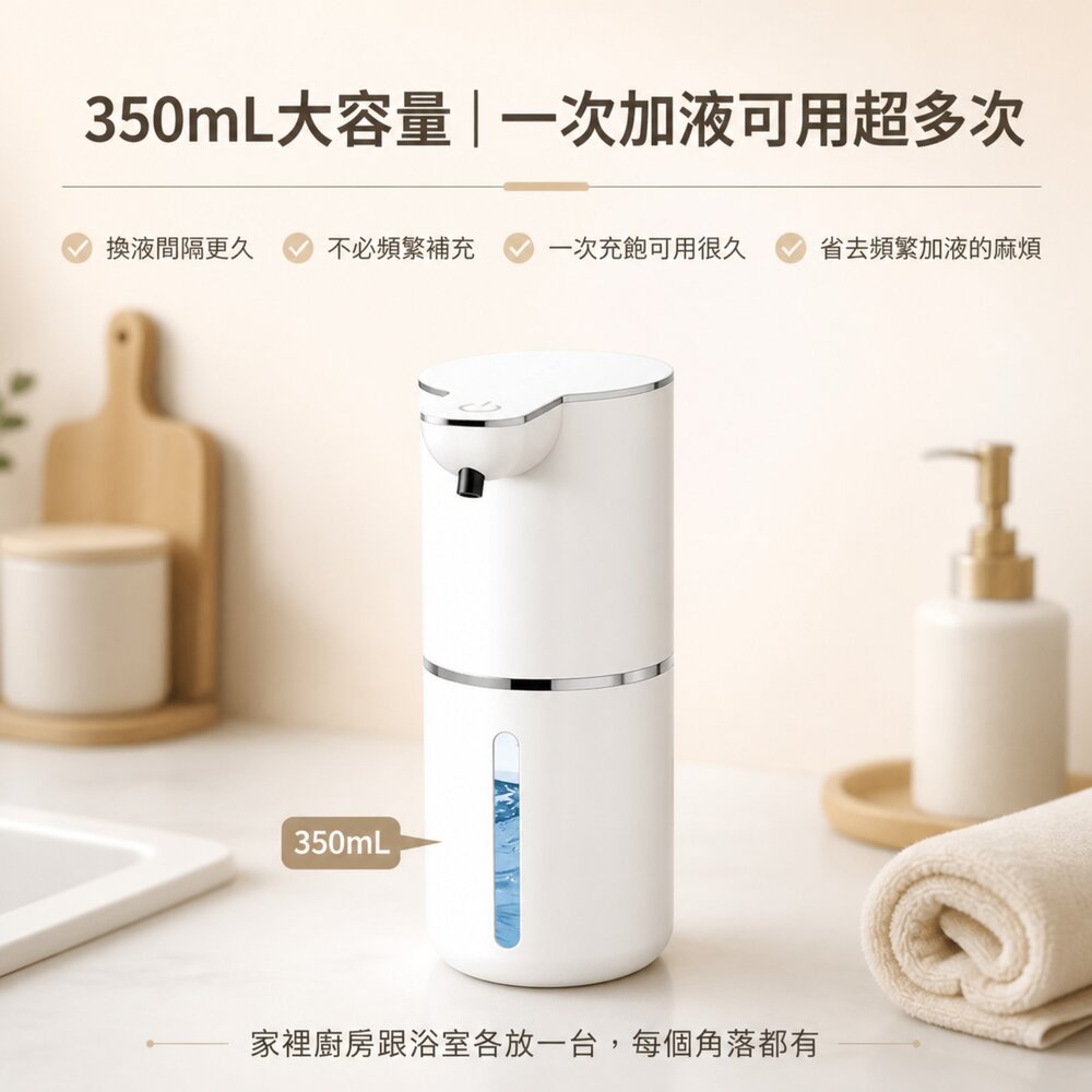 自動感應泡沫洗手機 USB充電 350mL 免接觸消毒皂液器 廚房廁所洗手間 多檔調節 送禮-圖片-9
