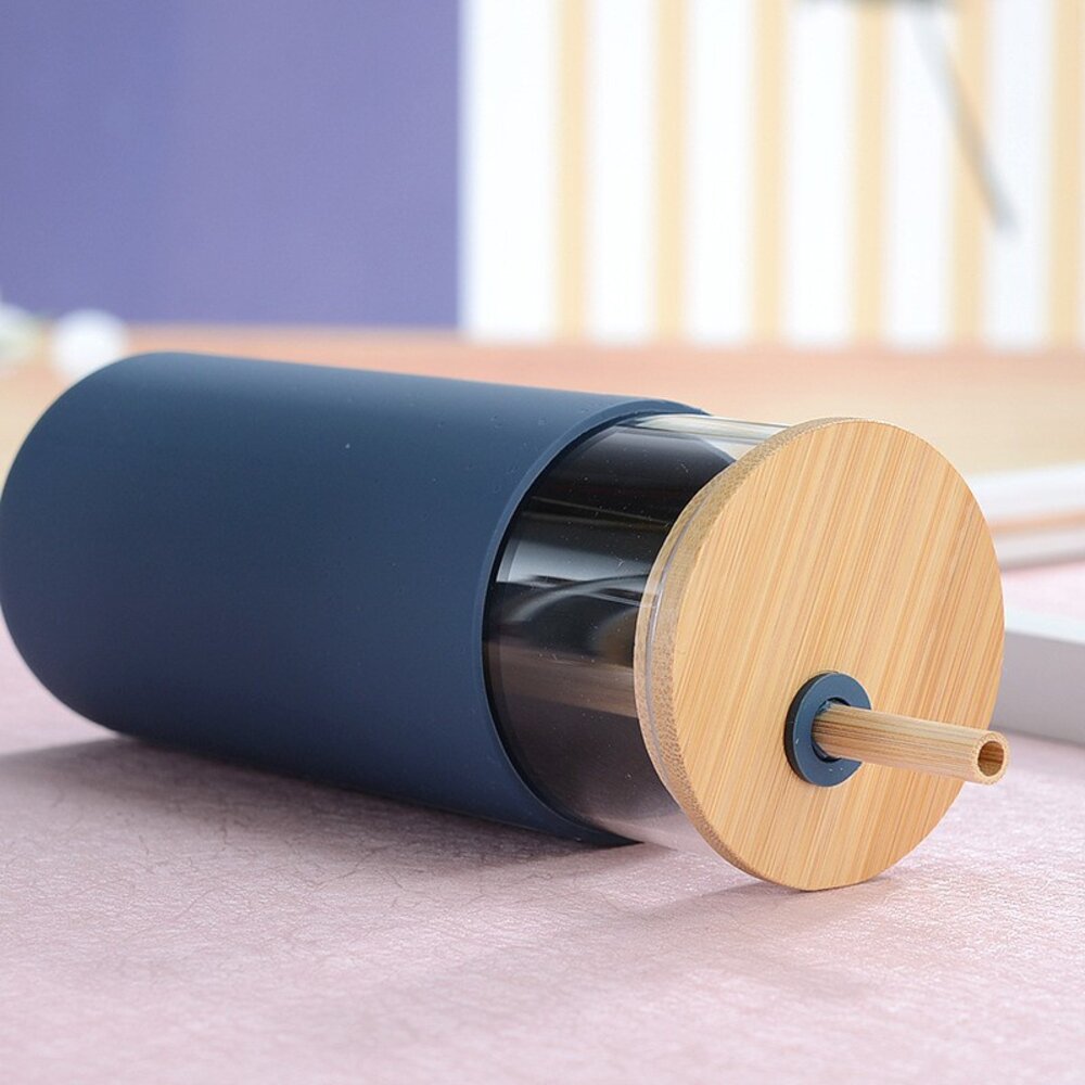 竹蓋吸管環保杯 吸管玻璃杯 500ml 白色 粉色 玫紅 送禮-圖片-5