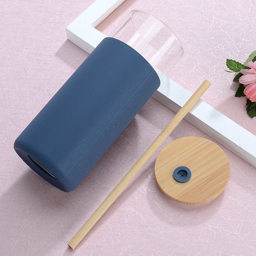 竹蓋吸管環保杯 吸管玻璃杯 500ml 白色 粉色 玫紅 送禮-圖片-7