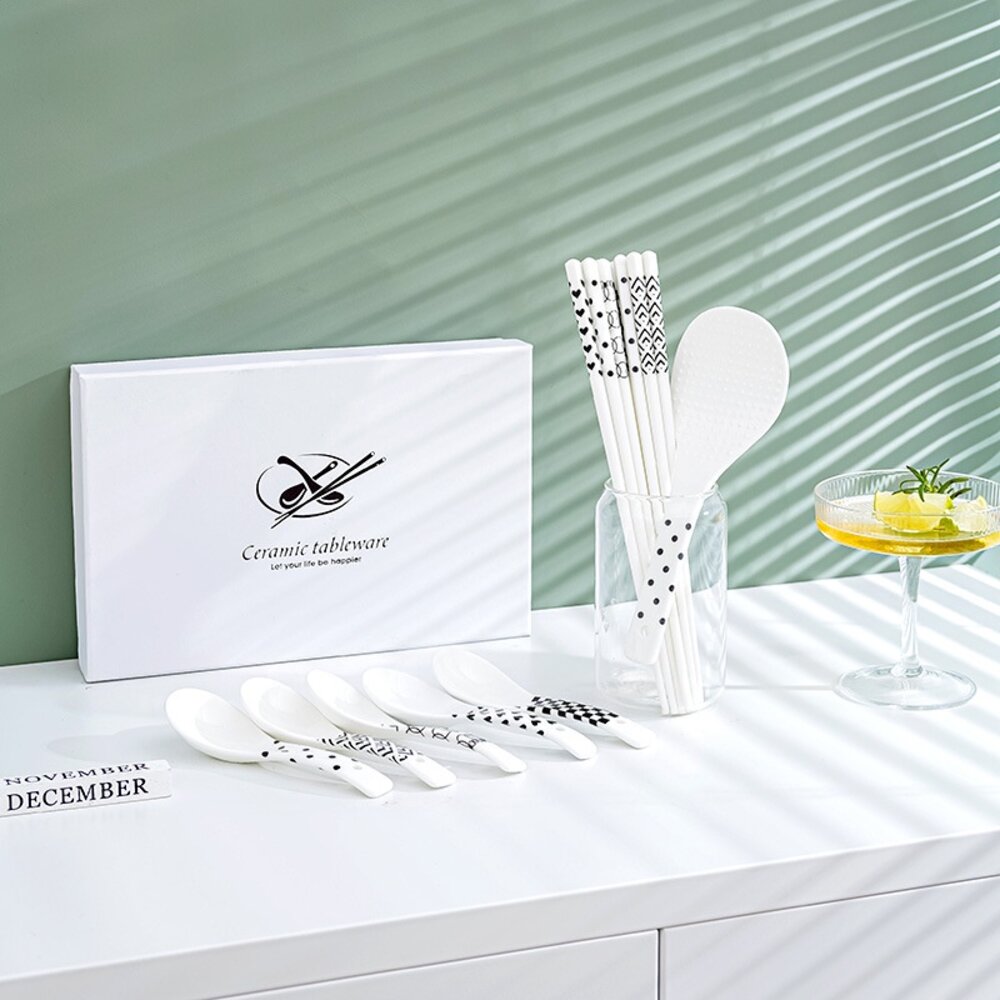 赫本風陶瓷餐筷組 陶瓷餐具 筷子湯匙飯匙 質感禮物 交換禮物 加厚硬殼禮盒 送禮-圖片-1