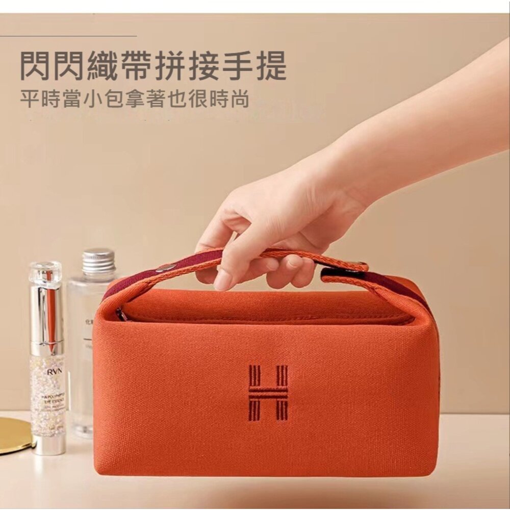 織帶手提帆布化妝包 便攜手提化妝包 字母簡約化妝包 大容量 收納包 送禮-圖片-5