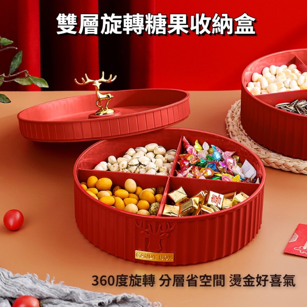 221212-00003-雙層旋轉糖果收納盒 帶蓋分隔 零食收納盤 輕奢糖果盒 瓜子盒 可疊加 送禮