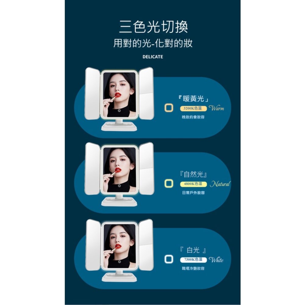 三折led化妝鏡 放大化妝鏡 折疊化妝鏡 帶燈化妝鏡 補光化妝鏡 大鏡子 送禮-圖片-2