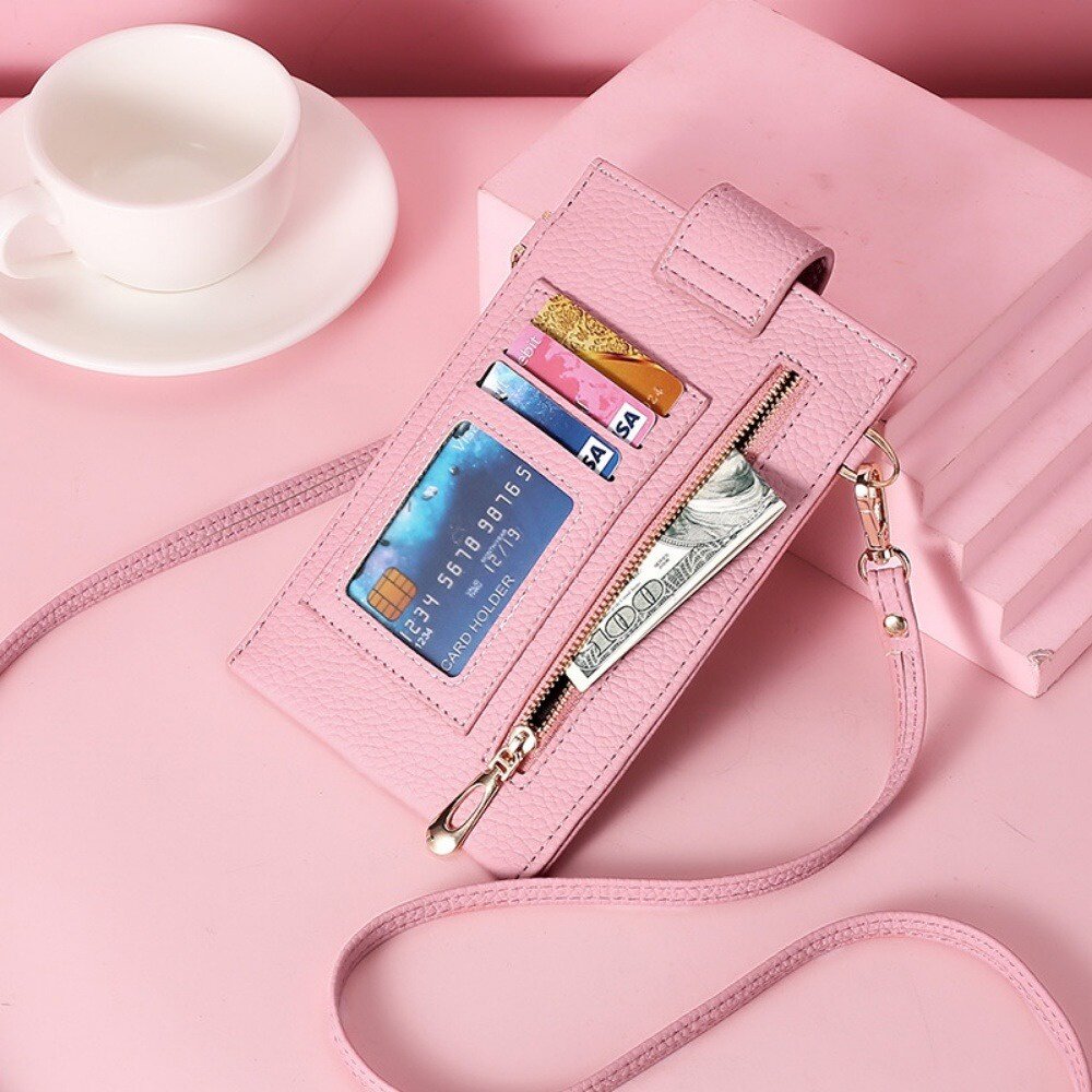 荔枝紋輕薄手機包 韓版迷你手機錢包 掛袋背帶 頸掛斜跨包 側背包 單肩女包 旅行錢包 送禮-圖片-1