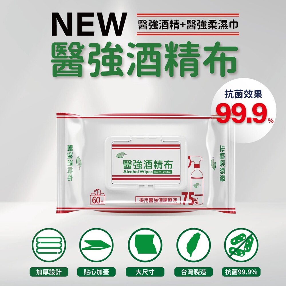 230626-00001-醫強》75%抗菌酒精布 濕紙巾 酒精擦 60抽/包 20x15cm 99.9%抗菌 送禮
