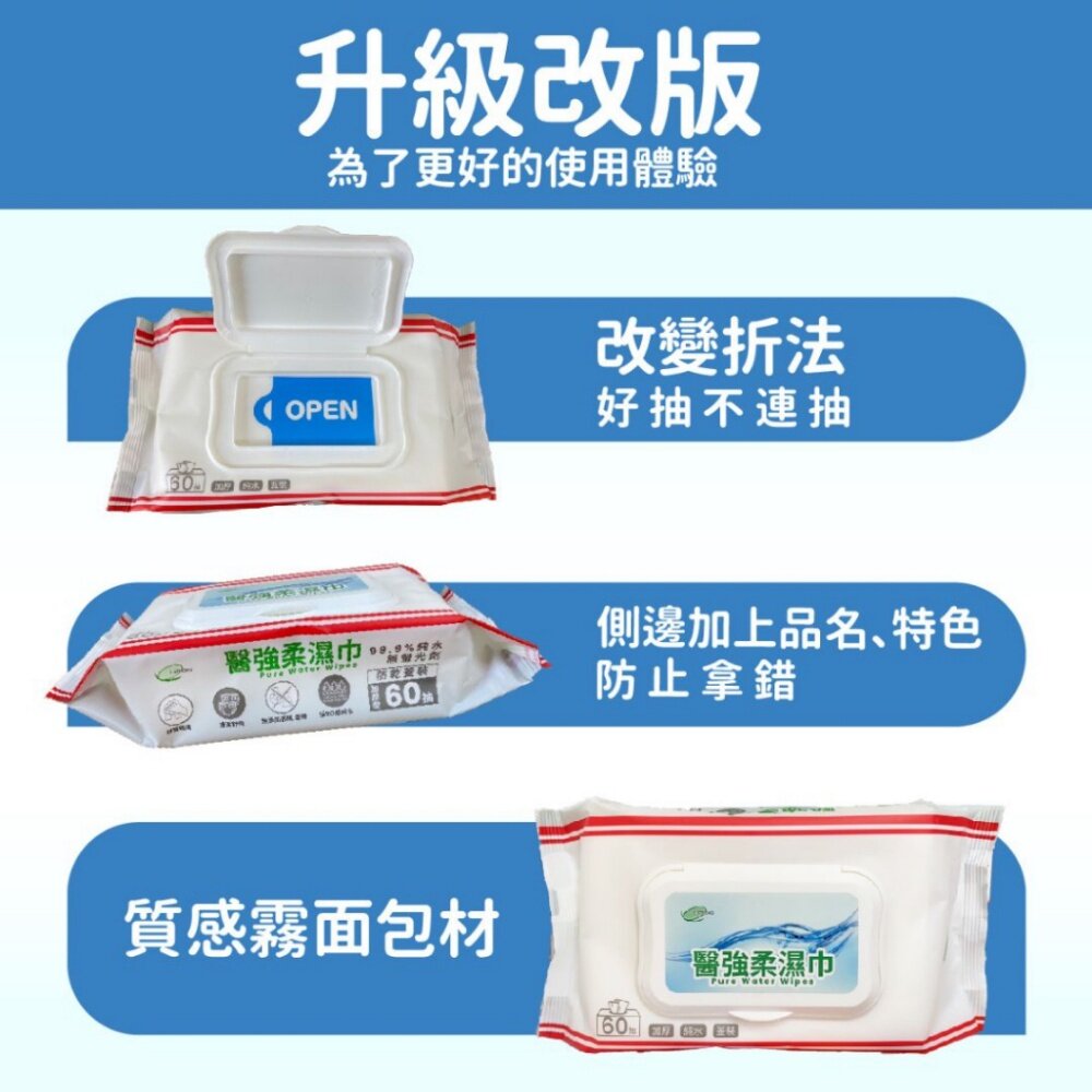 醫強》純水柔濕巾 無酒精無防腐劑濕紙巾 蓋裝加厚 60抽/包 紫外線無菌處理 送禮-圖片-2