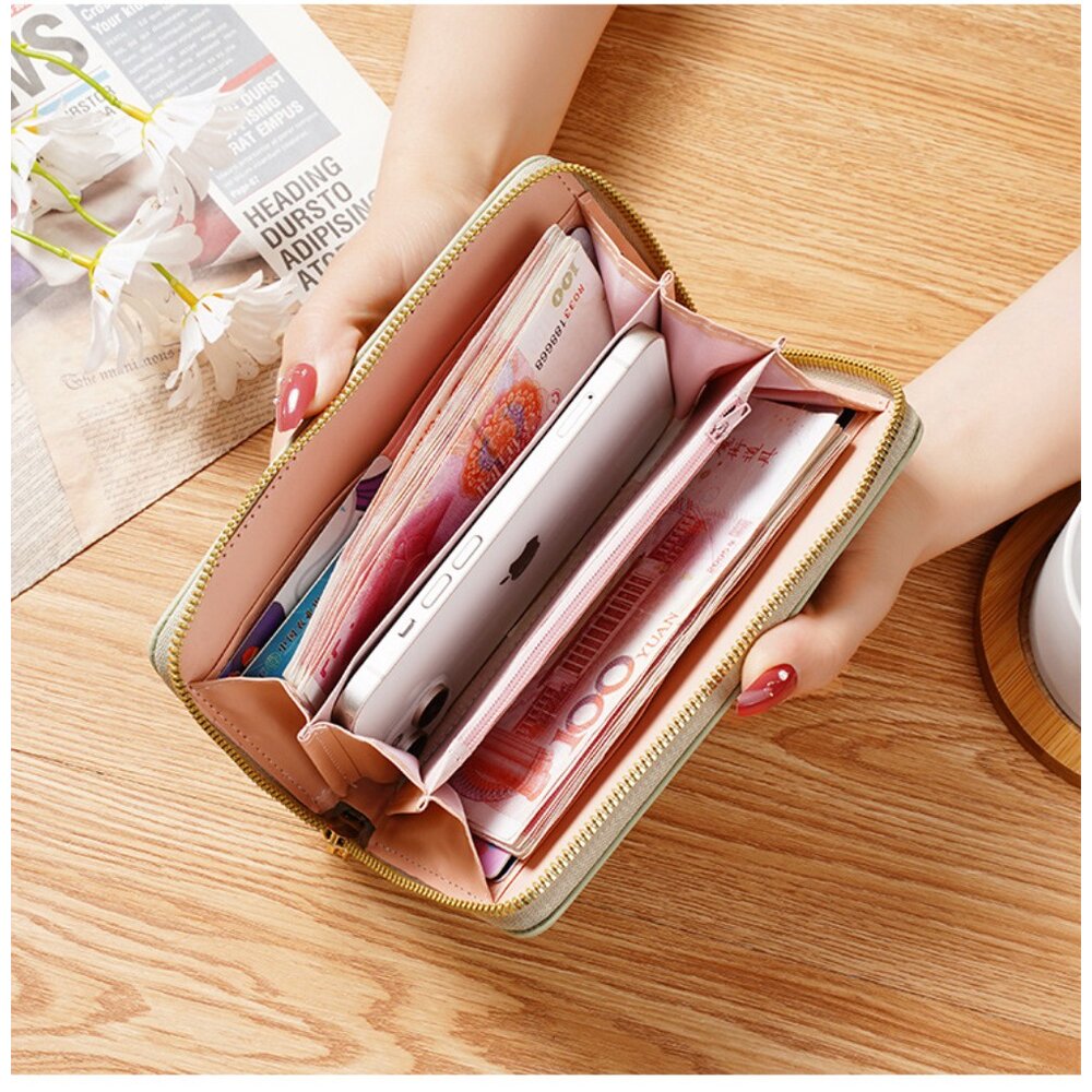 韓版時尚女用長款皮夾 女用手拿包 簡約菱格線 大空間 送禮 送禮-圖片-1