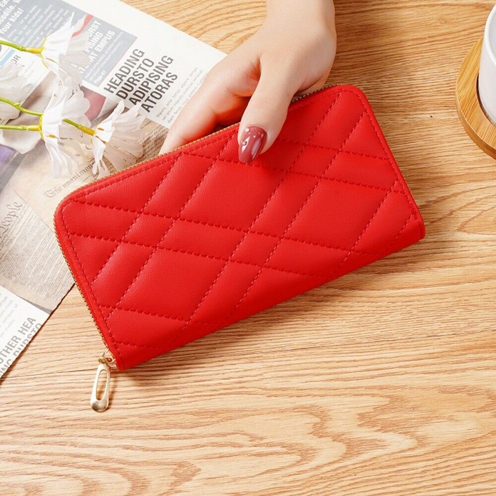 韓版時尚女用長款皮夾 女用手拿包 簡約菱格線 大空間 送禮 送禮-圖片-11