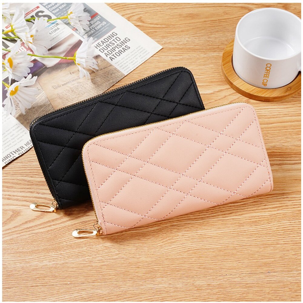 韓版時尚女用長款皮夾 女用手拿包 簡約菱格線 大空間  送禮 送禮-圖片-7