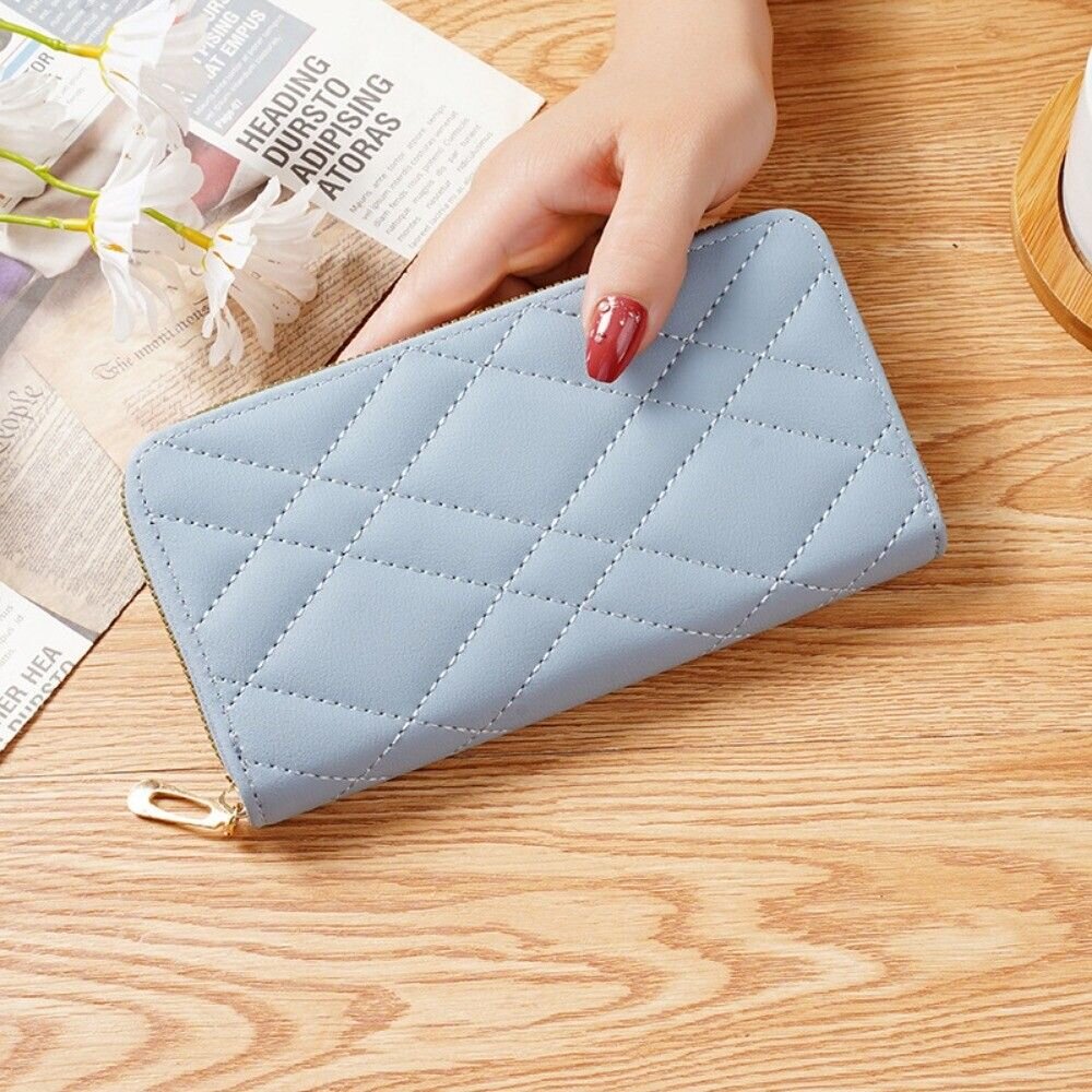 韓版時尚女用長款皮夾 女用手拿包 簡約菱格線 大空間 送禮 送禮-圖片-10