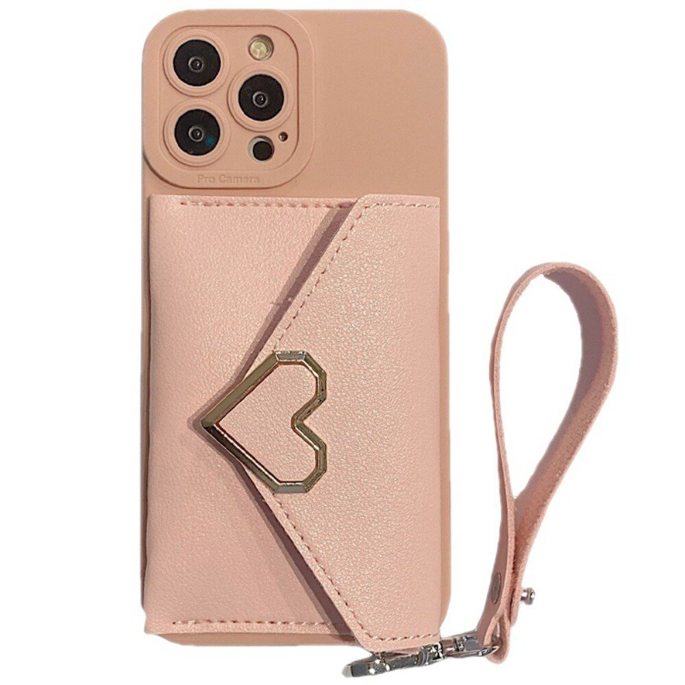 iPhone15防摔保護卡包 粉色愛心 防摔保護套 手機錢包 送禮-圖片-1