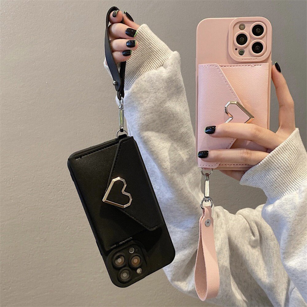 手機防摔保護卡包 適用iPhone15 粉色愛心 防摔保護套 手機錢包 送禮-圖片-4
