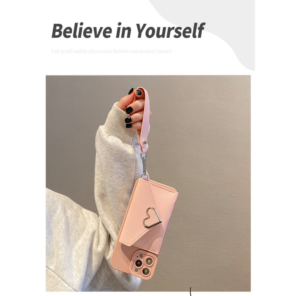 iPhone15防摔保護卡包 粉色愛心 防摔保護套 手機錢包 送禮-圖片-5