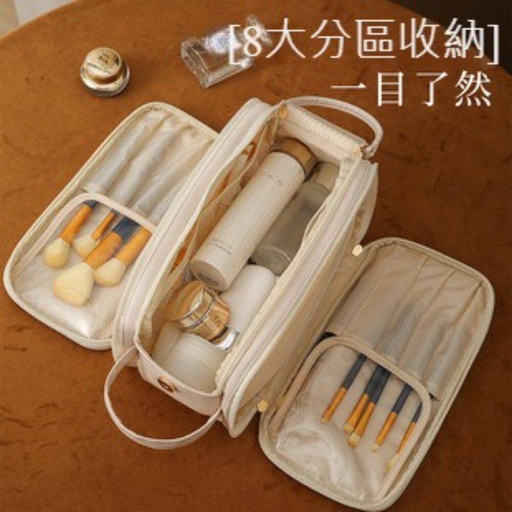 雙層皮革質感化妝包 防波水 大容量旅行洗漱包 化妝品收納包 防水化妝包 送禮-圖片-3