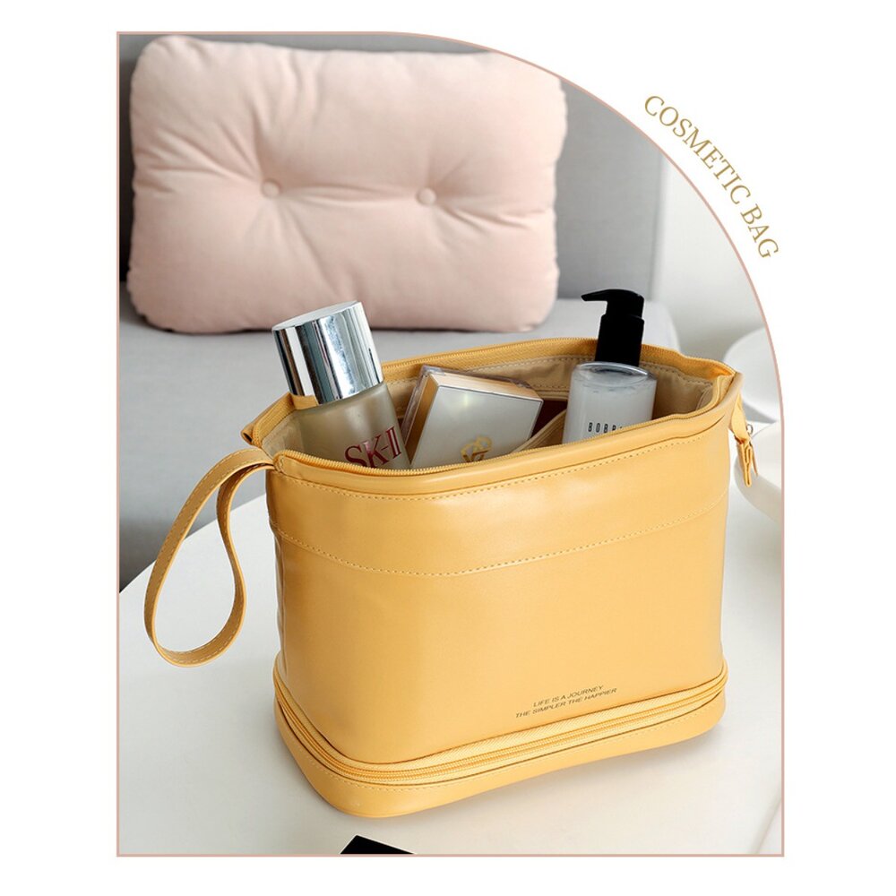雙層皮革質感化妝包 防波水 大容量旅行洗漱包 化妝品收納包 防水化妝包 送禮-圖片-4