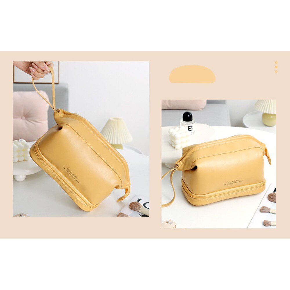 雙層皮革質感化妝包 防波水 大容量旅行洗漱包 化妝品收納包 防水化妝包 送禮-圖片-5