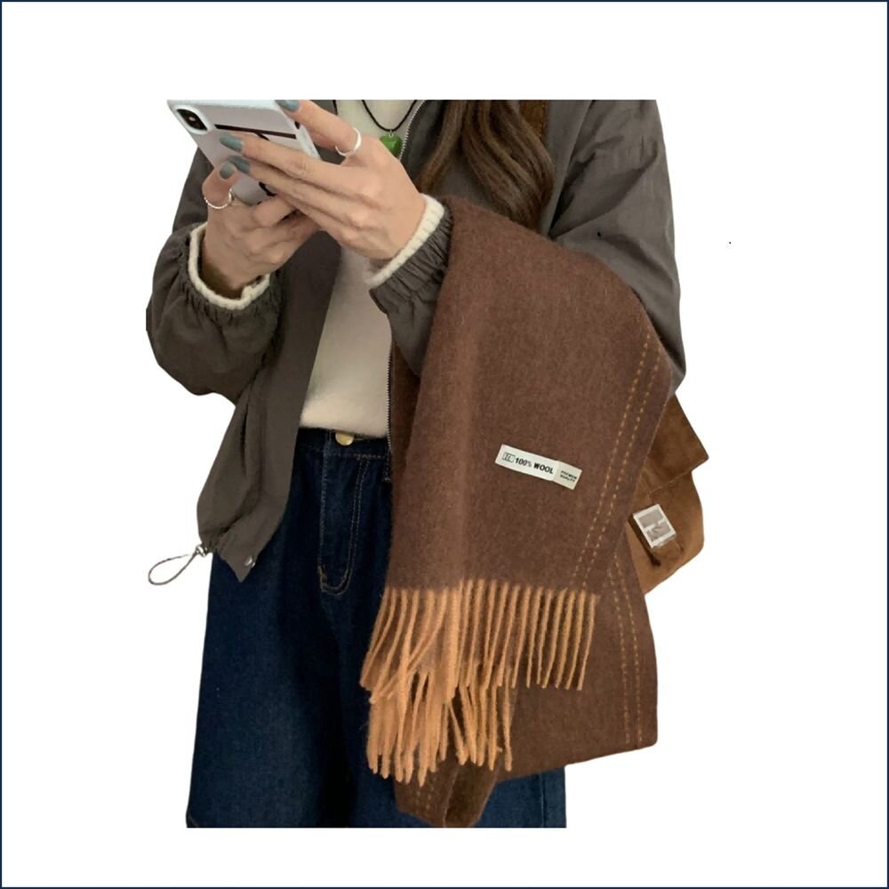 雙面純羊毛圍巾 100%澳洲羊毛 日系圍脖 純色流蘇窄版披肩 送禮情侶百搭 送禮-圖片-1