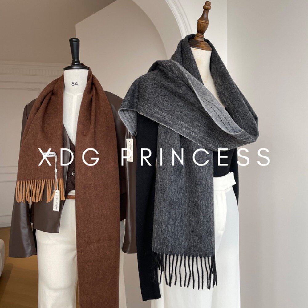 雙面純羊毛圍巾 100%澳洲羊毛 日系圍脖 純色流蘇窄版披肩 送禮情侶百搭 送禮-圖片-2