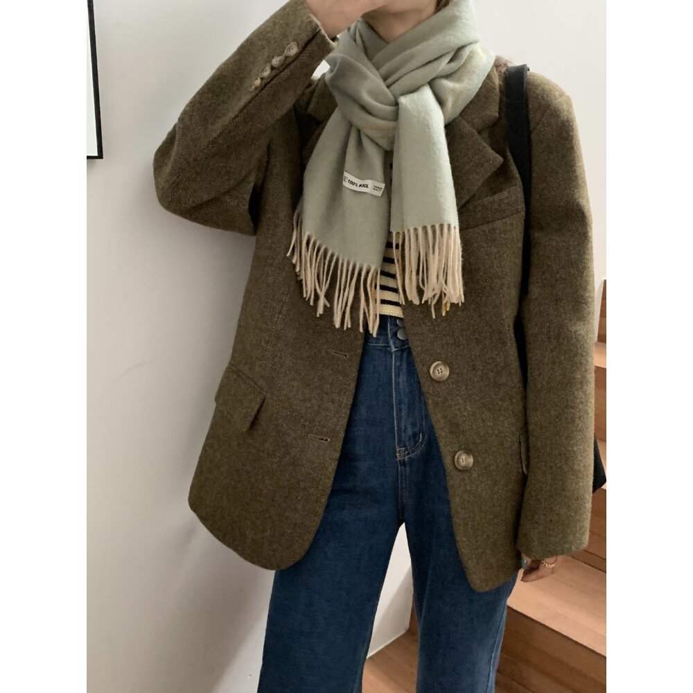 雙面純羊毛圍巾 100%澳洲羊毛 日系圍脖 純色流蘇窄版披肩 送禮情侶百搭 送禮-圖片-3