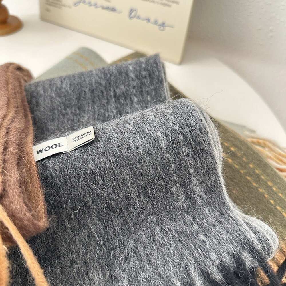 雙面純羊毛圍巾 100%澳洲羊毛 日系圍脖 純色流蘇窄版披肩 送禮情侶百搭 送禮-圖片-4