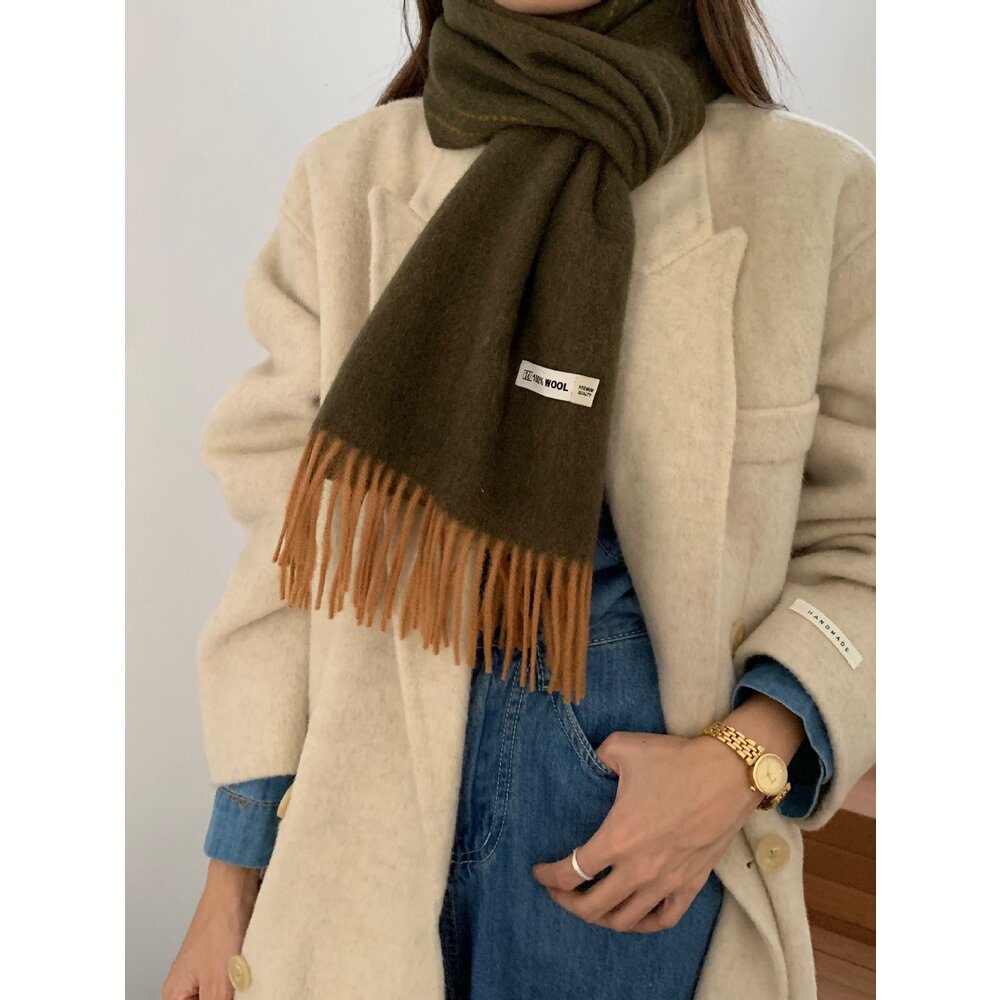 雙面純羊毛圍巾 100%澳洲羊毛 日系圍脖 純色流蘇窄版披肩 送禮情侶百搭 送禮-圖片-6