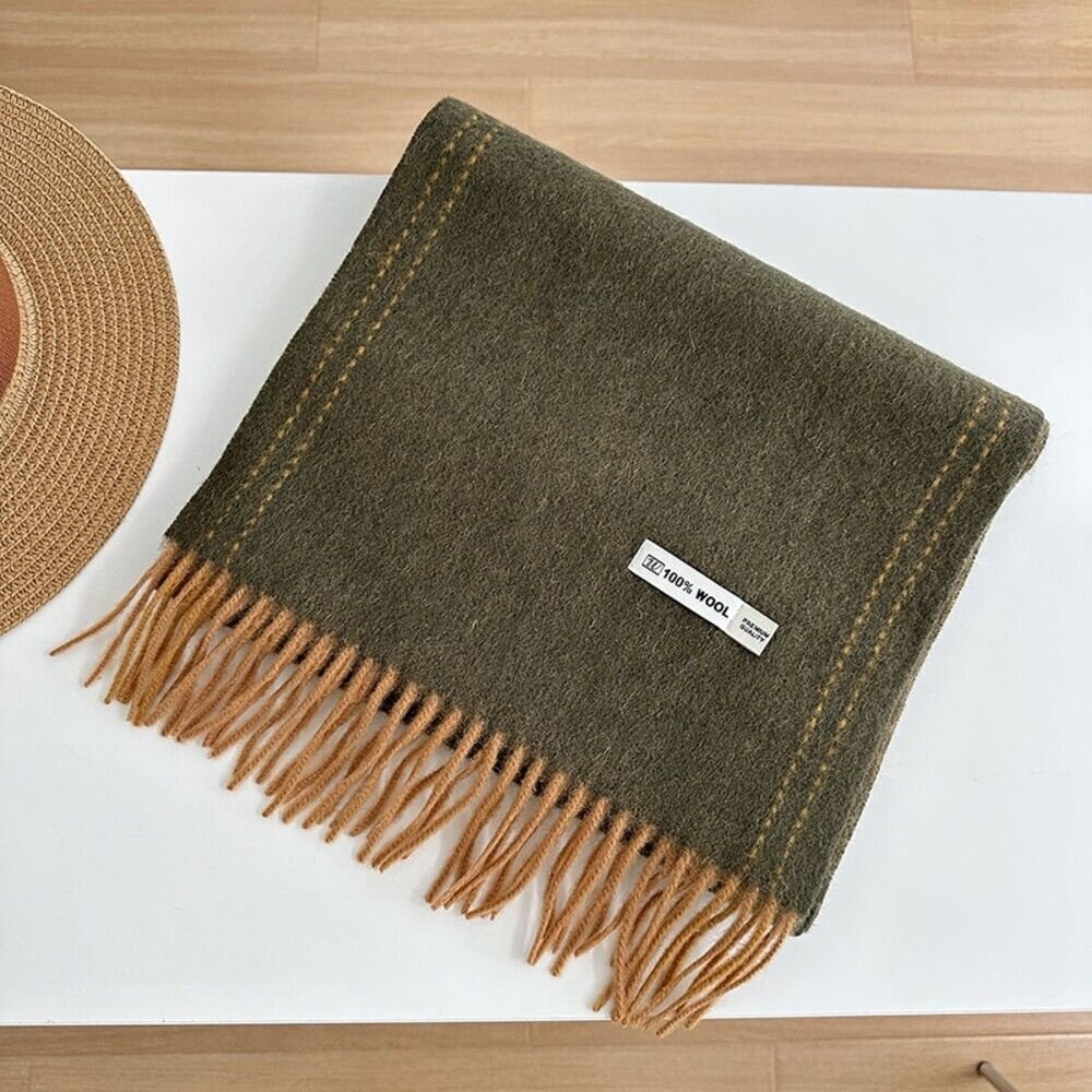 雙面純羊毛圍巾 100%澳洲羊毛 日系圍脖 純色流蘇窄版披肩 送禮情侶百搭 送禮-圖片-10