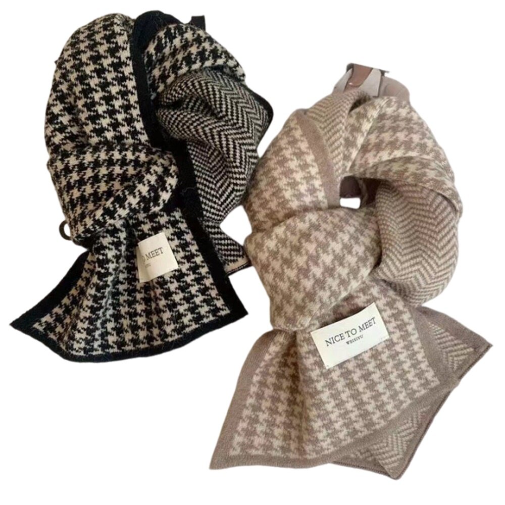千鳥格針織保暖圍巾 高級感韓系百搭圍脖 情侶針織圍巾 雙面圍巾 送禮-圖片-1