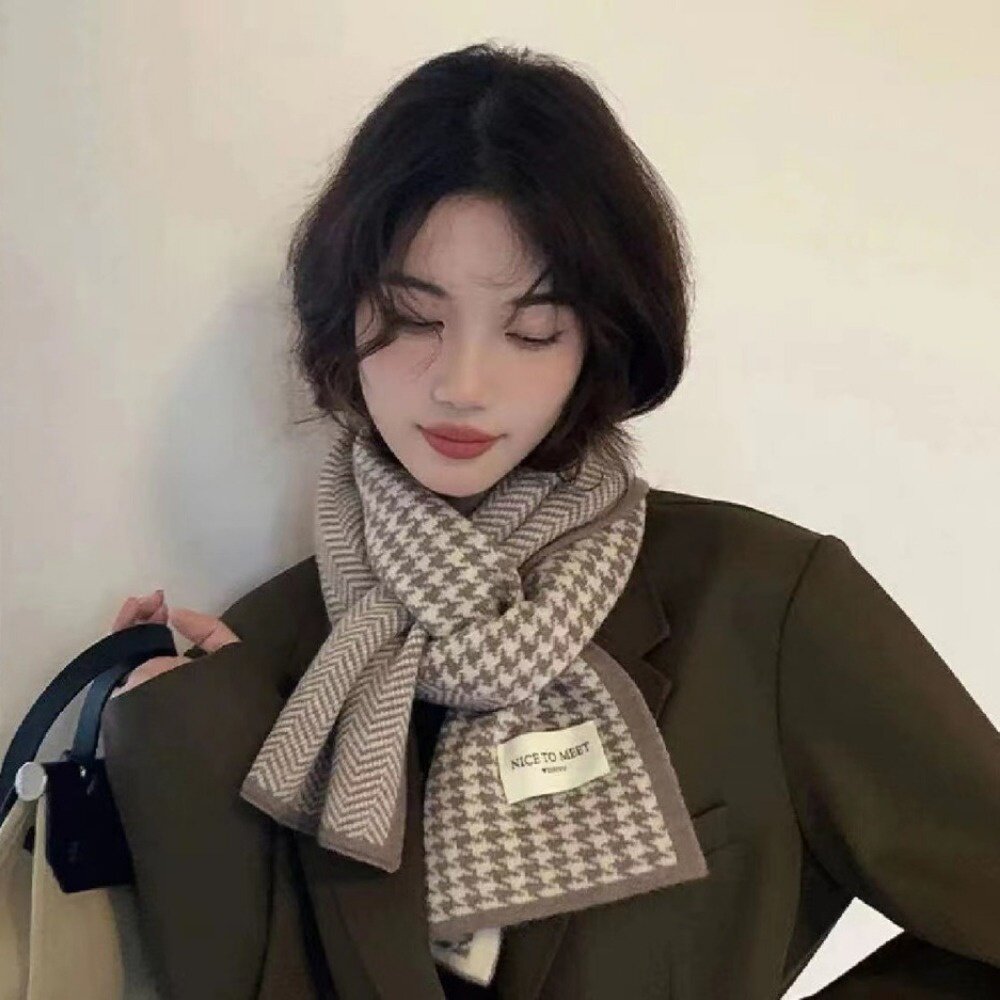 千鳥格針織保暖圍巾 高級感韓系百搭圍脖 情侶針織圍巾 雙面圍巾 送禮-圖片-3