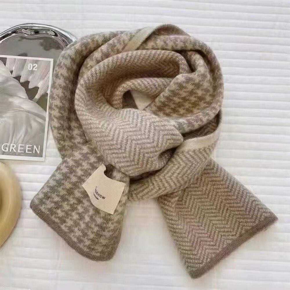 千鳥格針織保暖圍巾 高級感韓系百搭圍脖 情侶針織圍巾 雙面圍巾 送禮-圖片-7