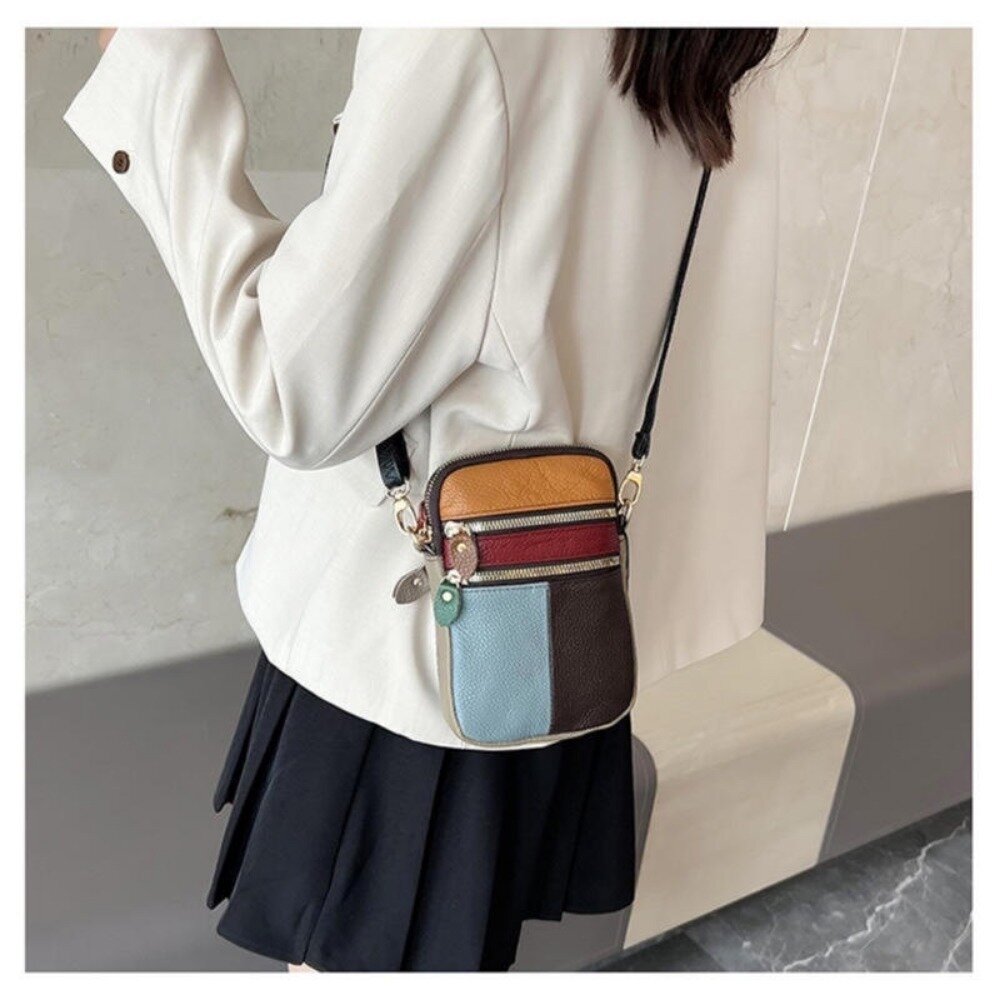 個性拚色真皮斜跨包 頭層牛皮 百搭小挎包 手機包 氣質女孩單肩小包 送禮-圖片-1