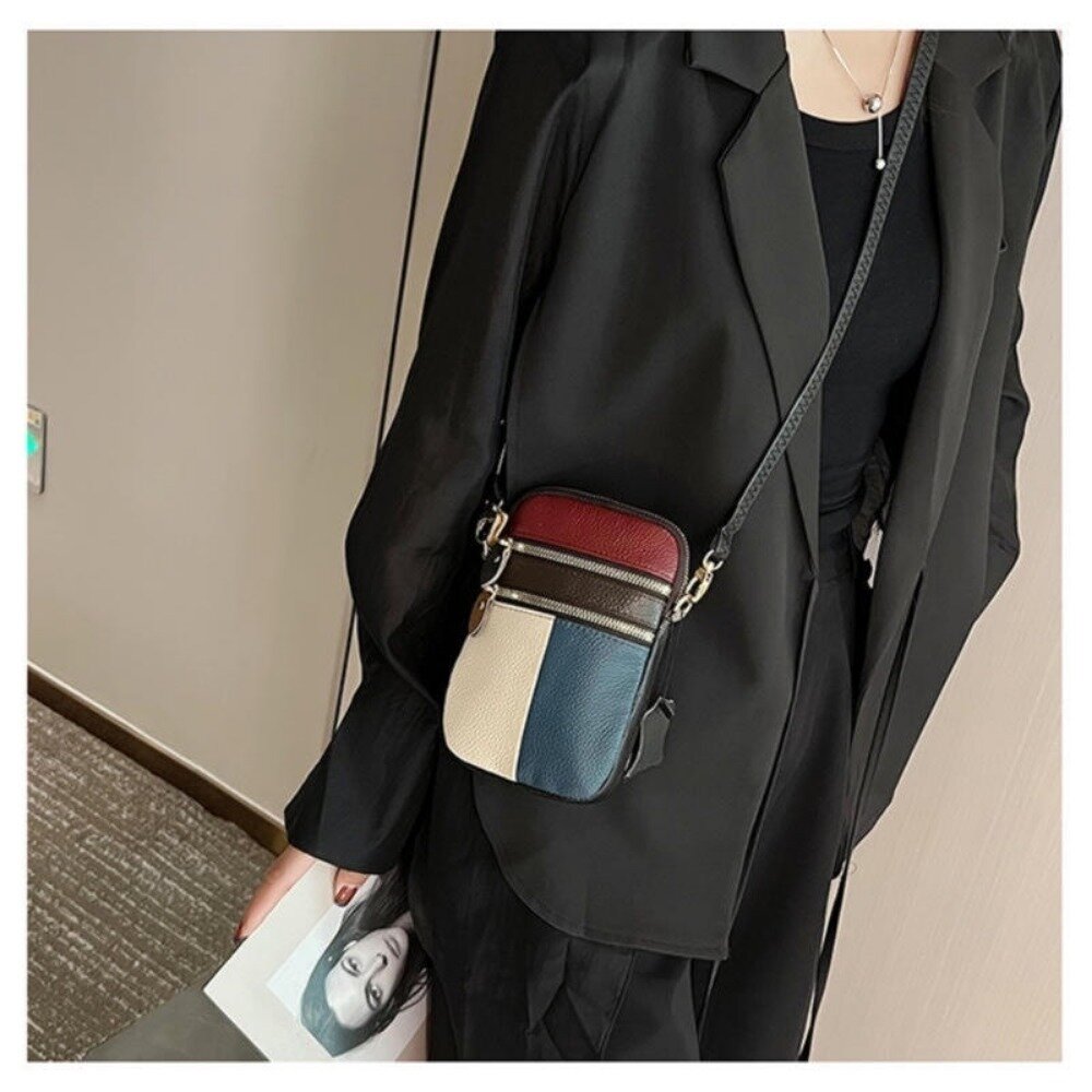 個性拚色真皮斜跨包 頭層牛皮 百搭小挎包 手機包 氣質女孩單肩小包 送禮-圖片-2